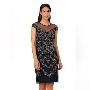 Adrianna Papell Beaded Illusion Yoke Dress Midnight